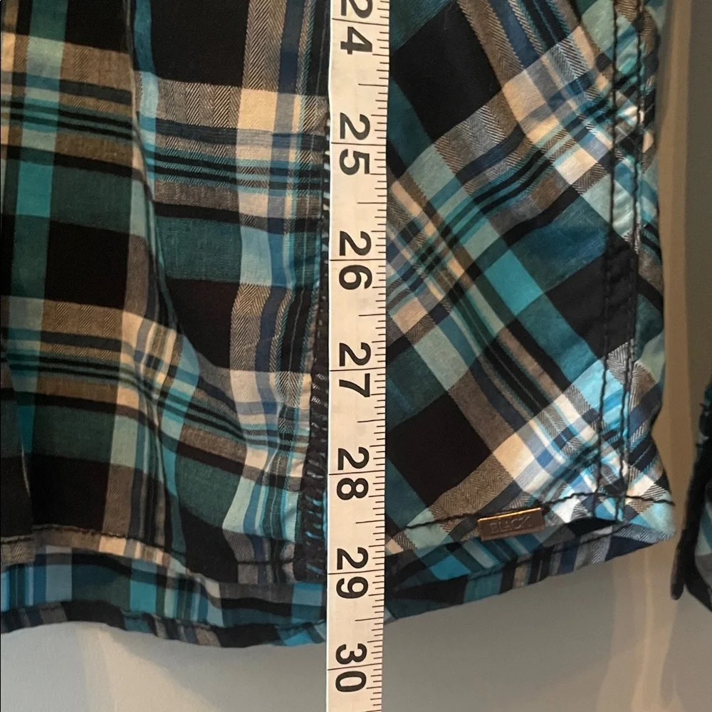 Buckle Black Mens Button Plaid Shirt in black, white and teal size XL